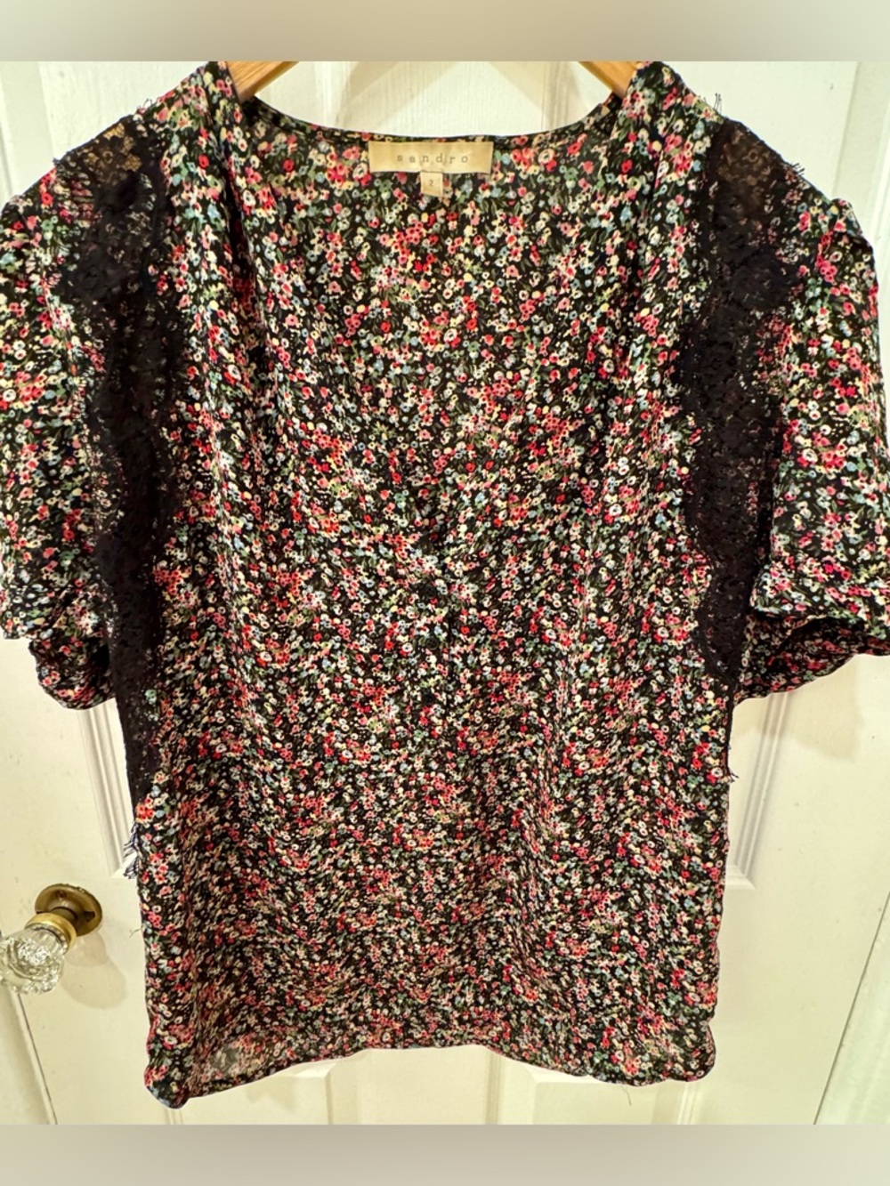 Sandro Black Floral Ditsy Print Top with Lace Details, Size M